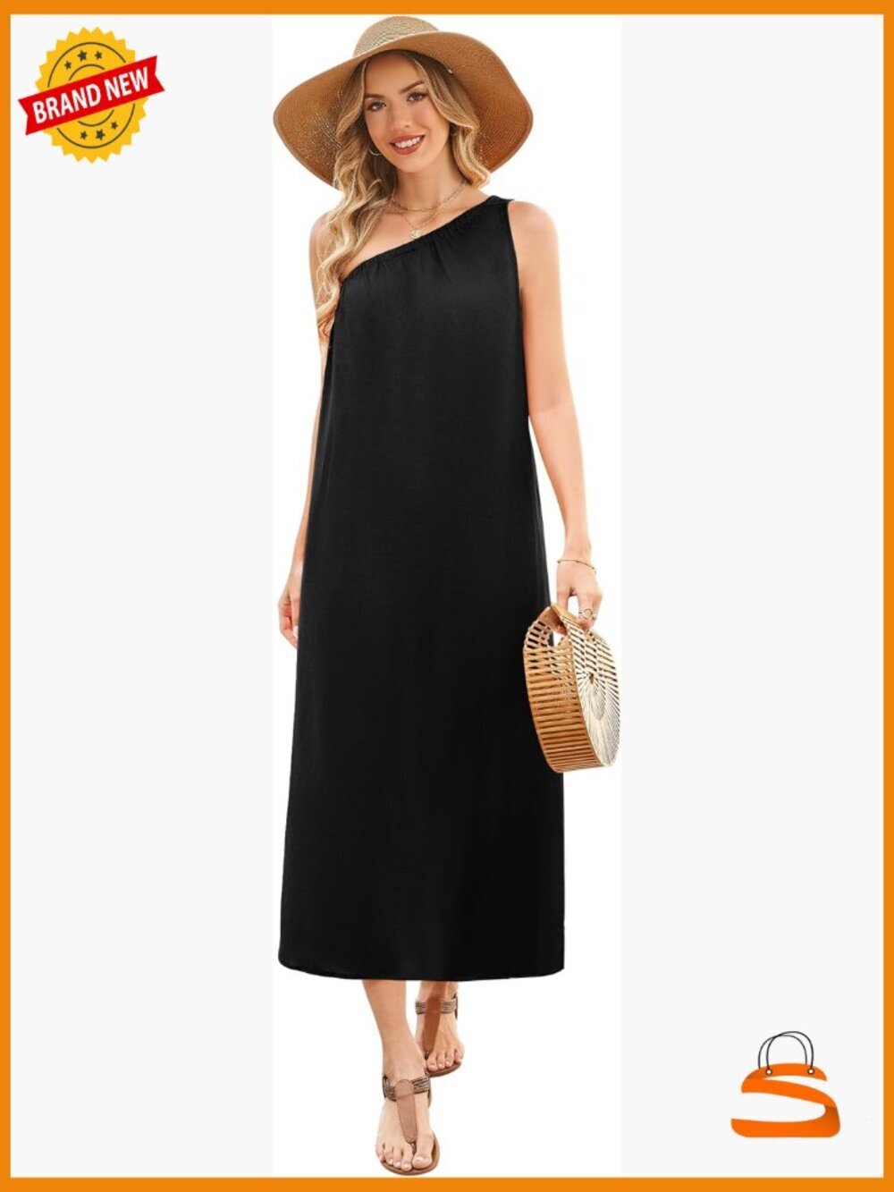 One Shoulder Linen Maxi Dress Sleeveless Beach Vacation with Pockets